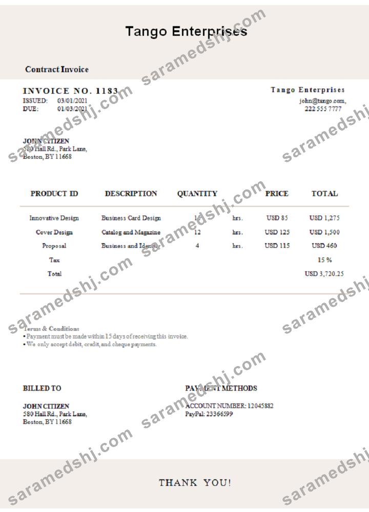 USA Tango Enterprises invoice